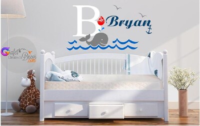 PERSONALIZED Name Removable Whale Name Wall Decal Personalized Baby Whale Room Decor Nursery Wall Decor Childrens Nautical Wall - image3